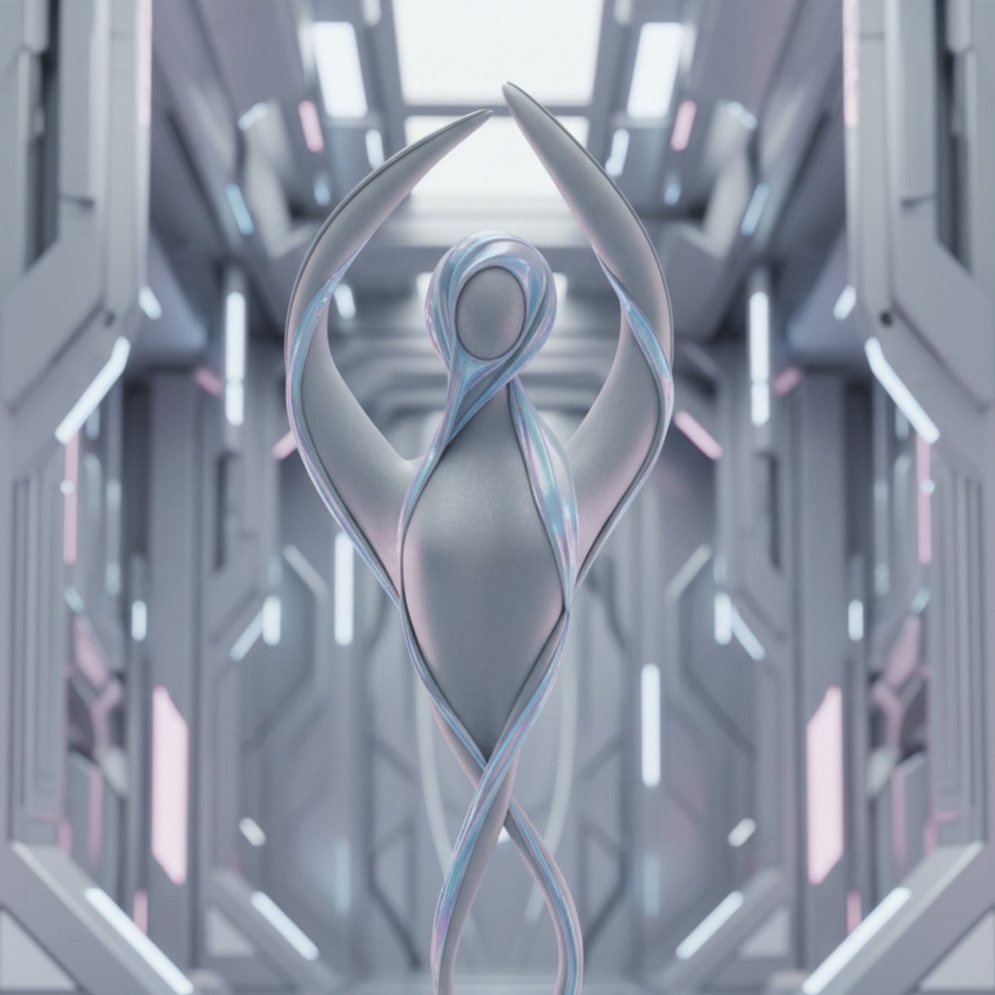 A sculptural silver and iridescent figure, evoking the crystalline forms Matesa collects